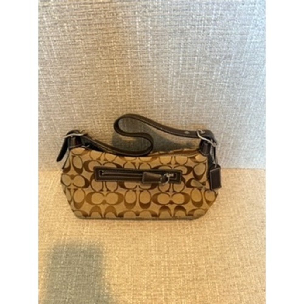 Coach Signature Canvas Small Shoulder Bag Brown Leather Trim Y2K Baguette